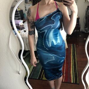 Blue and white marble tie-dye dress with one shoulder strap design